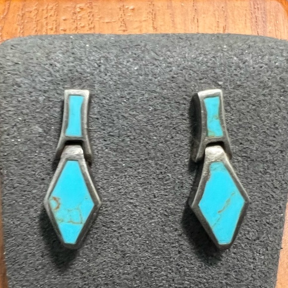 Vtg Sterling Sleeping Beauty Turquoise Inlay Dangle Earrings Native Amer… - Picture 4 of 10